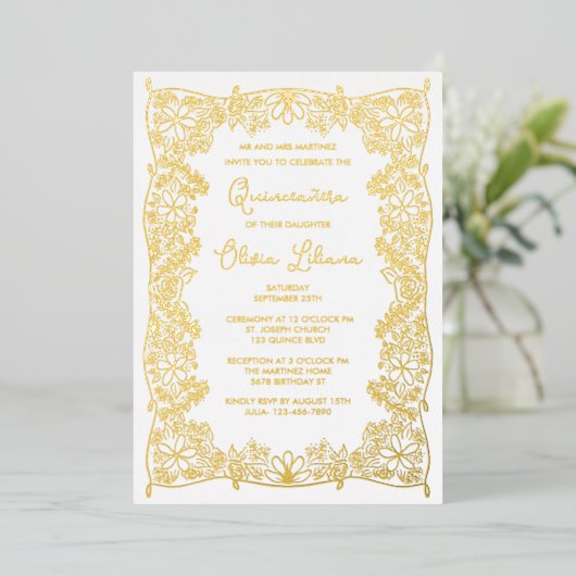 Elegante handgetekende bloemstuk Quinceañera Folie Uitnodiging (Staand Voorkant)