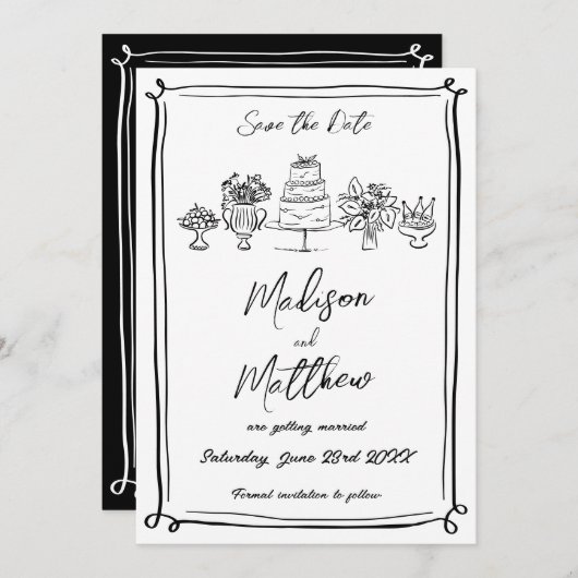 Elegante handgetekende illustraties Doodles Bruilo Save The Date (Voorkant / Achterkant)
