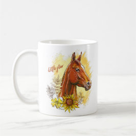 Elegante handgetekende paard met planten en bloeme koffiemok