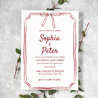Elegante handgetekende strik Chic Crimson Red Wedd Kaart