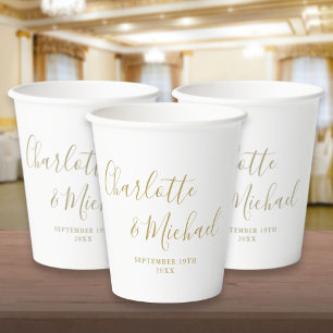 Elegante handtekening script gouden bruiloft papieren bekers