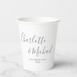 Elegante handtekening script grijs en wit bruiloft papieren bekers