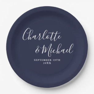 Elegante handtekening script Navy Blue bruiloft Papieren Bordje