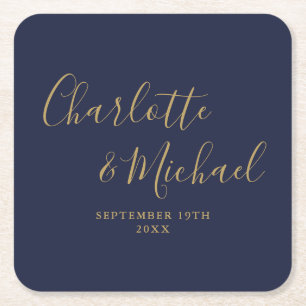 Elegante handtekening script Navy Blue Goud Bruilo Vierkante Kartonnen Onderzetter