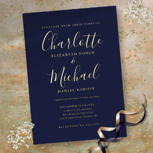 Elegante handtekening script Navy Blue Trouw Goud Folie Uitnodiging