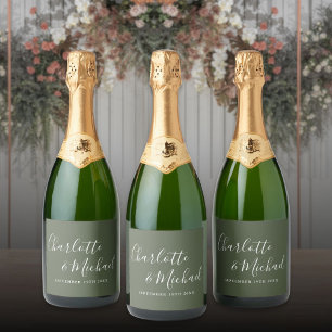 Elegante handtekening script olijfgroene trouw sparkling wijnetiket