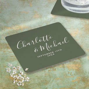 Elegante handtekening script olijfgroene trouw vierkante kartonnen onderzetter