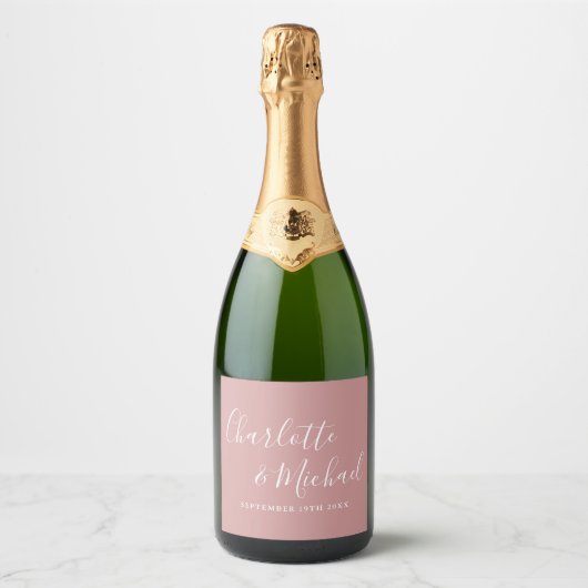 Elegante handtekening script stoffige roze bruilof sparkling wijnetiket (Voorkant)