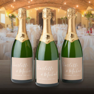 Elegante handtekening script tan taupe bruiloft sparkling wijnetiket