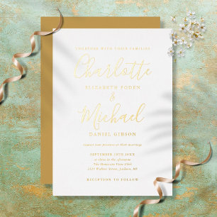 Elegante handtekening script trouw goud folie uitnodiging