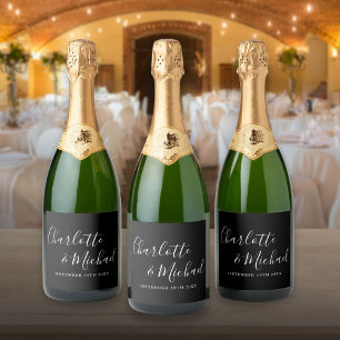 Elegante handtekening script zwart-wit bruiloft sparkling wijnetiket
