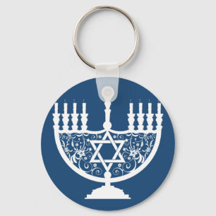 Elegante Hanukkah-menorah met bloemrijke Davidster Sleutelhanger