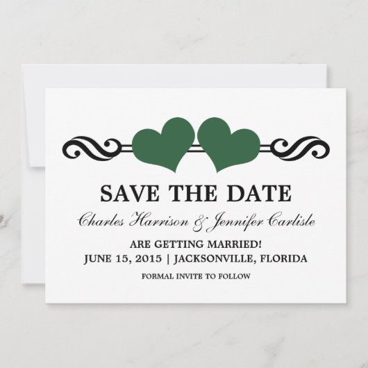 Elegante Hartjes Save the Date Uitnodiging, Groen Kaart (Voorkant)