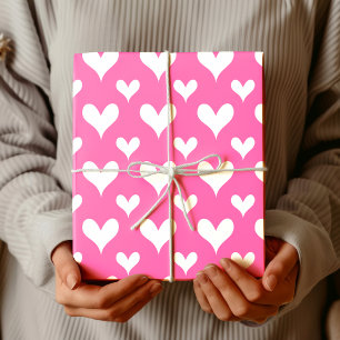 Elegante Heet Roze   Vintage Witte Hart Cadeaupapier