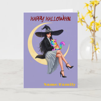 Elegante Heks en Regenboogkat Halloween Kaart