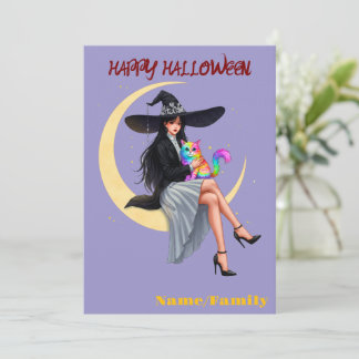 Elegante Heks en Regenboogkat Halloween Kaart