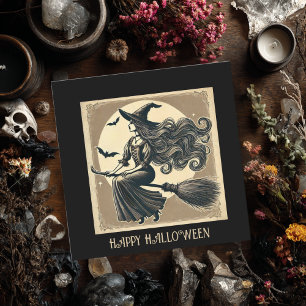 Elegante Heks op Bezem Vintage Halloween Zwart Kaart