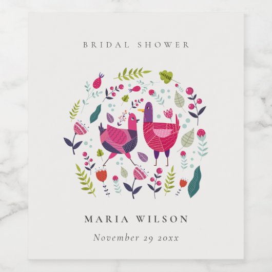 Elegante heldere volksboerderij bloem vogel bruids wijn etiket (Enkel label)