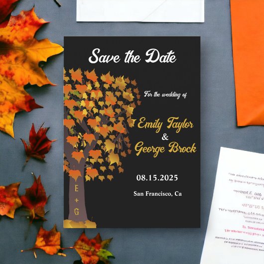 Elegante herfst bladeren gesneden boom chique zwar save the date