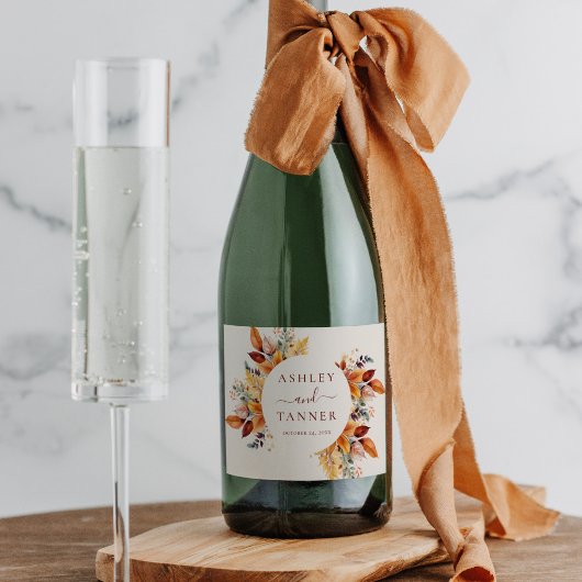 Elegante herfst bladeren herfst bruiloft sparkling wijnetiket