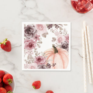 Elegante Herfst Bloemen Pompoen Neutrals Waterverf Servet