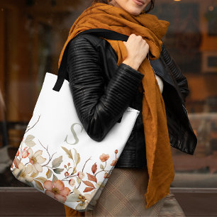 Elegante Herfst Bloemen Waterverf Monogram Wit Draagtas