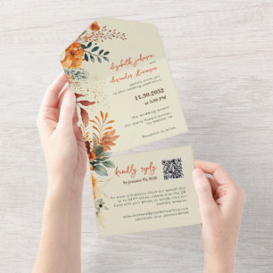 Elegante herfst bloemenbruiloft QR-code All In One Uitnodiging