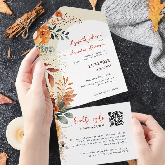 Elegante herfst bloemenbruiloft QR-code All In One Uitnodiging