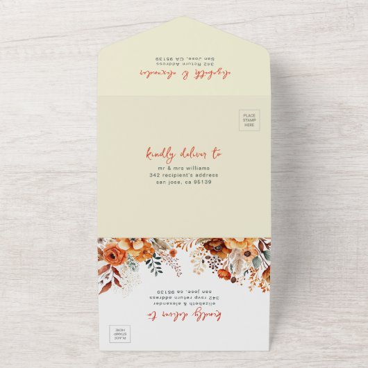 Elegante herfst bloemenbruiloft QR-code All In One Uitnodiging (Buitenkant)