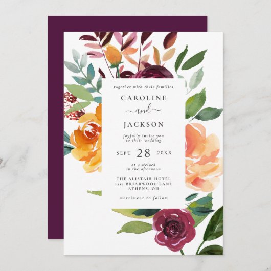 Elegante herfst bloemenbruiloft uitnodiging (Voorkant / Achterkant)