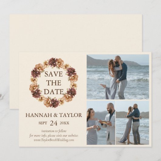 Elegante Herfst bloemenkrans 3 fotocollage Save The Date (Voorkant / Achterkant)