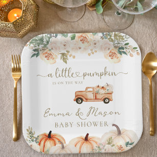 Elegante Herfst Bloemige Pompoen Truck Baby Shower Papieren Bordje