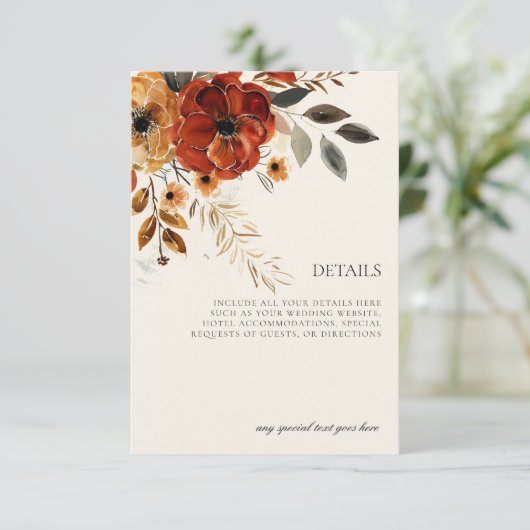 Elegante Herfst Bloemige Trouwkaart Details RS RSVP Kaartje (Staand voorkant)