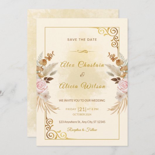 Elegante herfst Blush bloemengoud Lijst bruiloft Kaart (Voorkant / Achterkant)