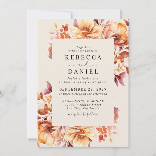 Elegante Herfst Boho Waterverf Bloemenbruiloft Kaart (Voorkant)