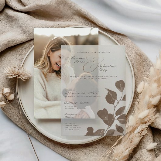 Elegante Herfst Botanische Ash Overlay Wedding Vellum Uitnodigingen