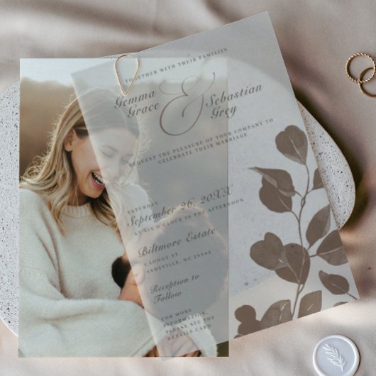 Elegante Herfst Botanische Ash Overlay Wedding Vellum Uitnodigingen