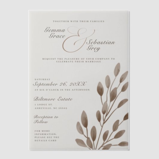 Elegante Herfst Botanische Ash Overlay Wedding Vellum Uitnodigingen (Voorkant)