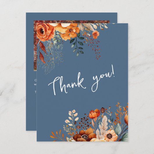 Elegante herfst botanische foto bruiloft blauw bedankkaart (Voorkant / Achterkant)
