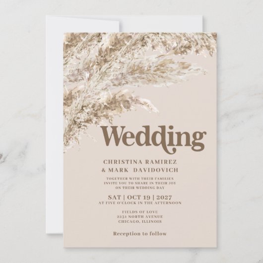 Elegante Herfst Bruin Pampas Grass Bruiloft uitnod Kaart (Voorkant)