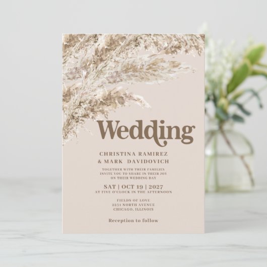 Elegante Herfst Bruin Pampas Grass Bruiloft uitnod Kaart (Staand voorkant)