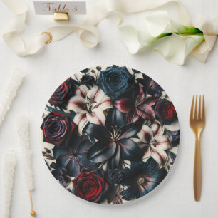 Elegante herfst geperste bloemen donkere bruiloft papieren bordje