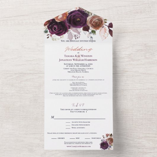 Elegante herfst paarse champagne roestkleurige blo all in one uitnodiging (Binnen)