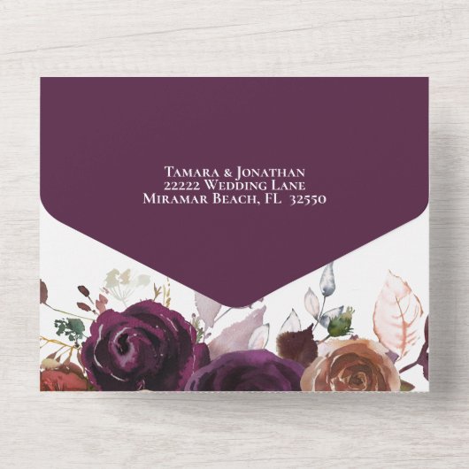 Elegante herfst paarse champagne roestkleurige blo all in one uitnodiging (Achterkant)