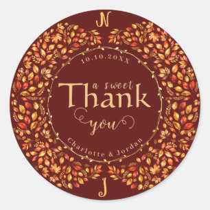 Elegante herfst verlaat rustieke terracotta bruilo ronde sticker