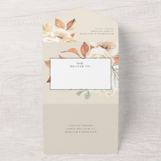 Elegante Herfst Waterverf Bloemen + Ecru Huwelijk All In One Uitnodiging (Buitenkant)