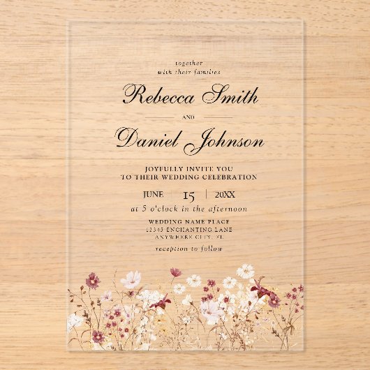 Elegante herfst Wildflowers Bloemenbruiloft Acryl Uitnodigingen (Voorkant)