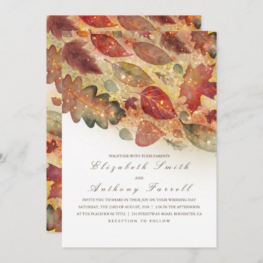 Elegante herfstbladeren en glitter bruiloft kaart (Voorkant / Achterkant)