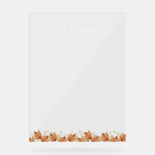 Elegante herfstbladeren herfsthuwelijksprogramma acryl bord (Voorkant)