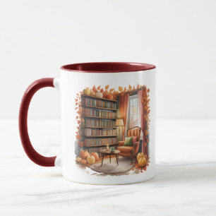 Elegante herfstboekenplank mok — knusse gordijn